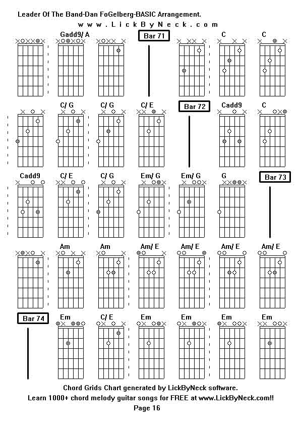 Chord Grids Chart of chord melody fingerstyle guitar song-Leader Of The Band-Dan FoGelberg-BASIC Arrangement,generated by LickByNeck software.